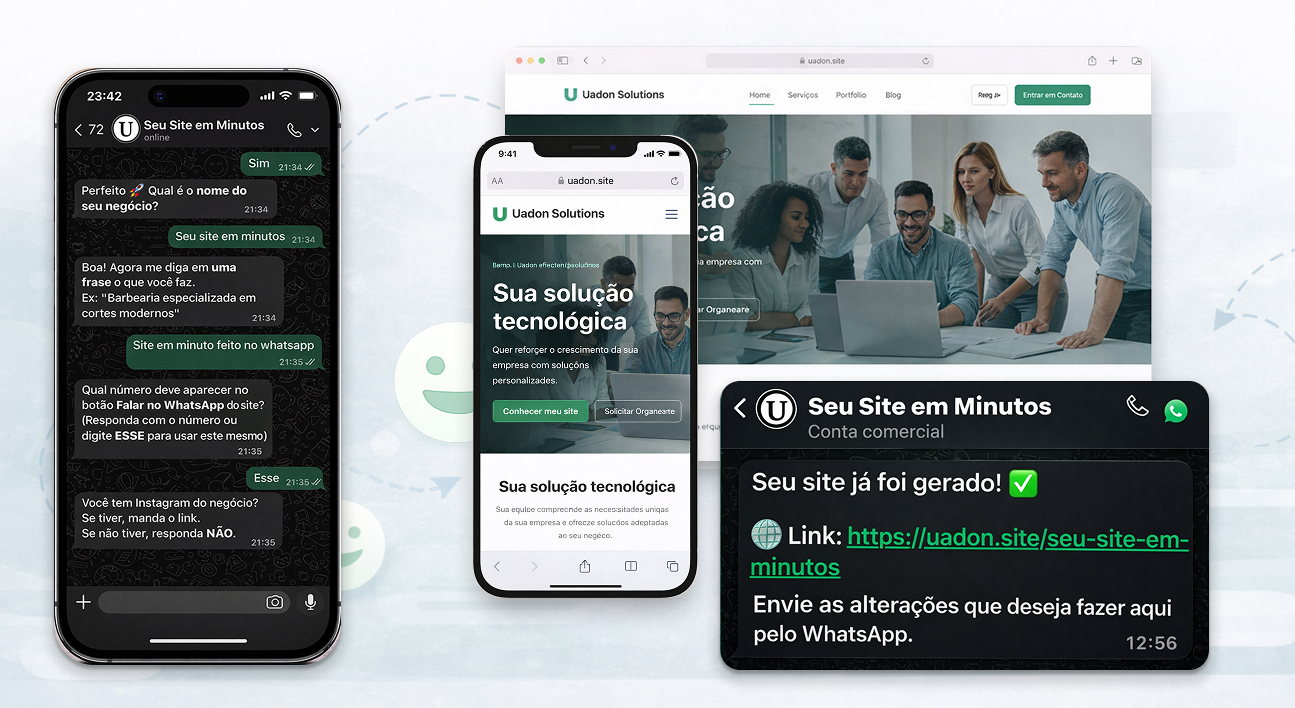 Crie seu site profissional pelo WhatsApp: perguntas simples no chat e seu site é gerado em minutos